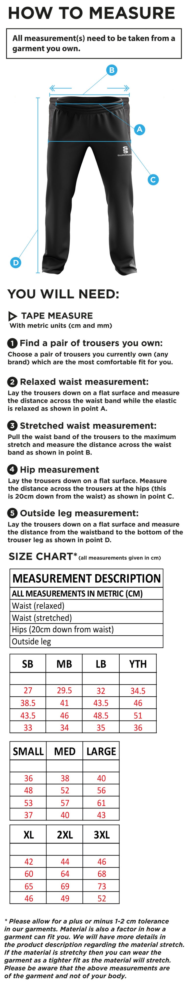 Staffield CC - Rip Stop Tracksuit Pants - Size Guide