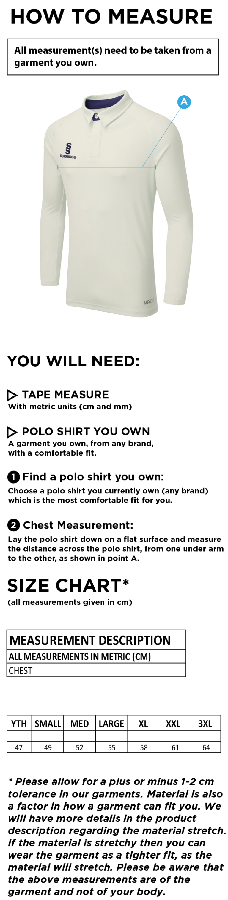 Staffield CC - Tek Long Sleeve Shirt - Size Guide