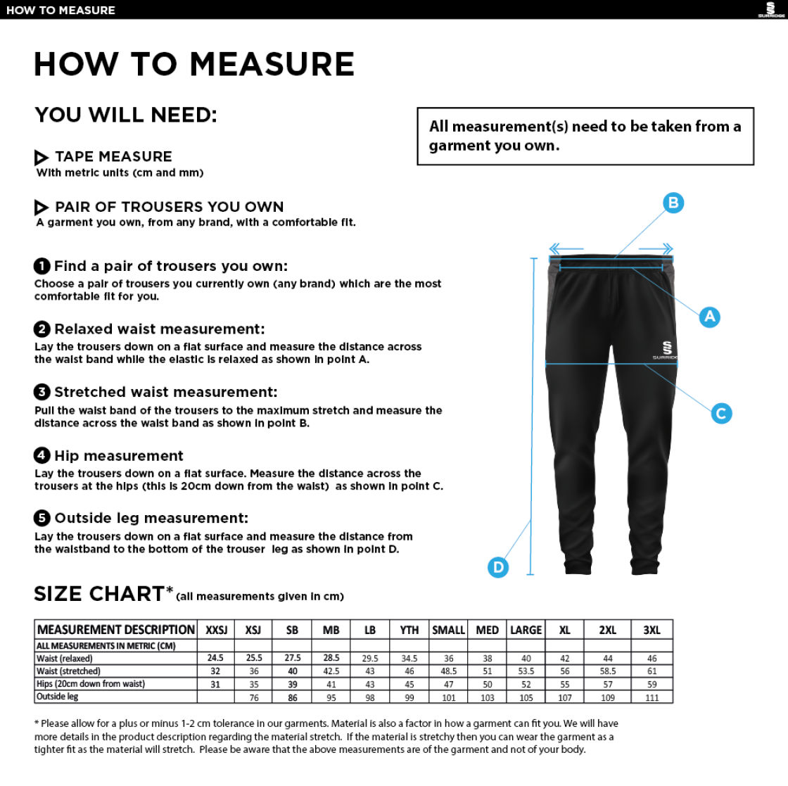 Staffield CC - Tek Skinny Pants - Size Guide