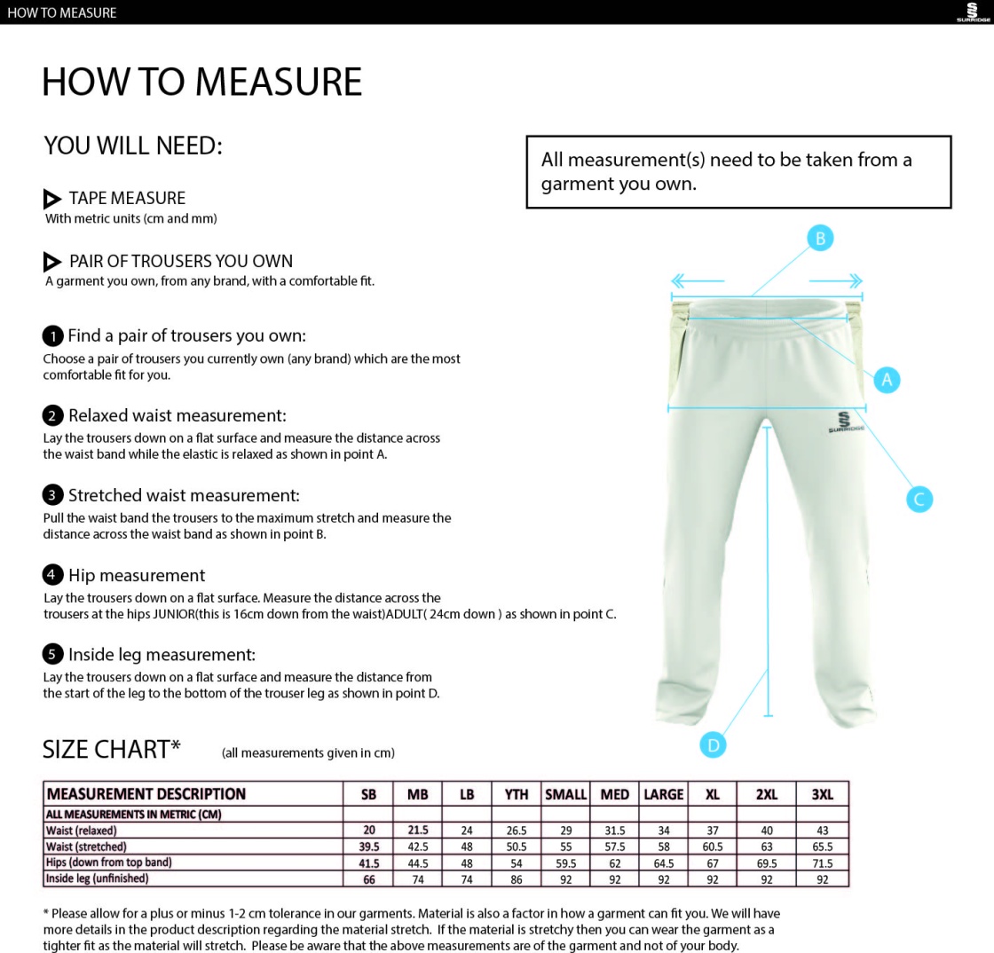 Staffield CC - Standard Playing Pant - Size Guide
