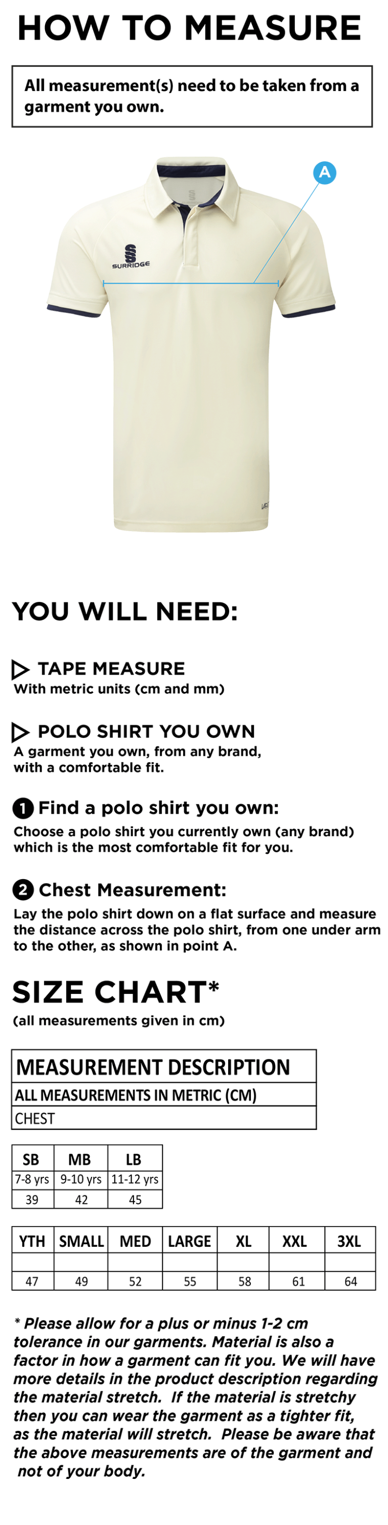Staffield CC - Tek Short Sleeve Shirt - Size Guide