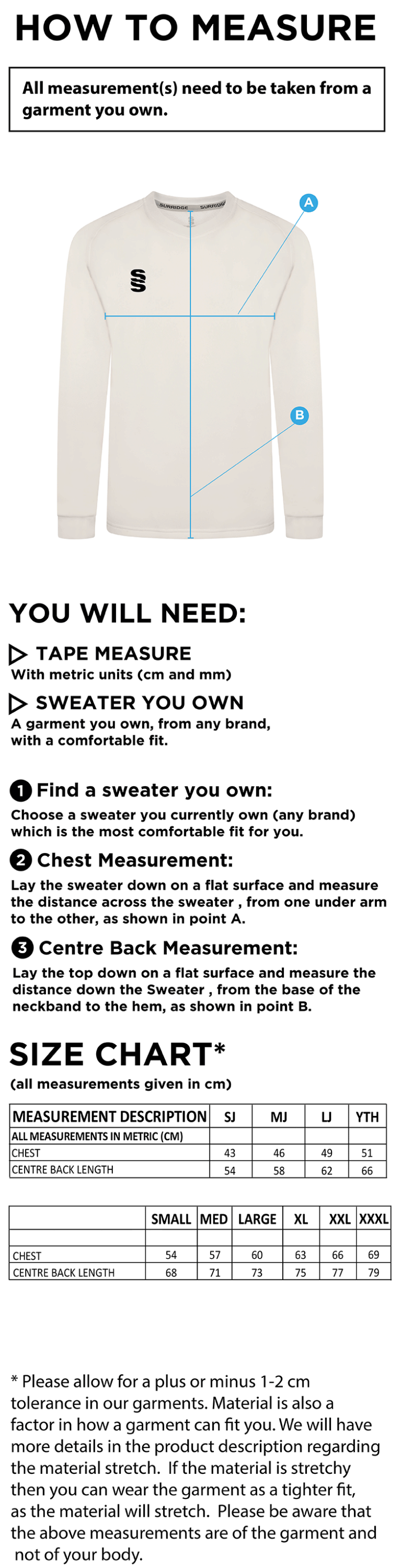 Staffield CC Blast Long Sleeve Cricket Sweater - Size Guide