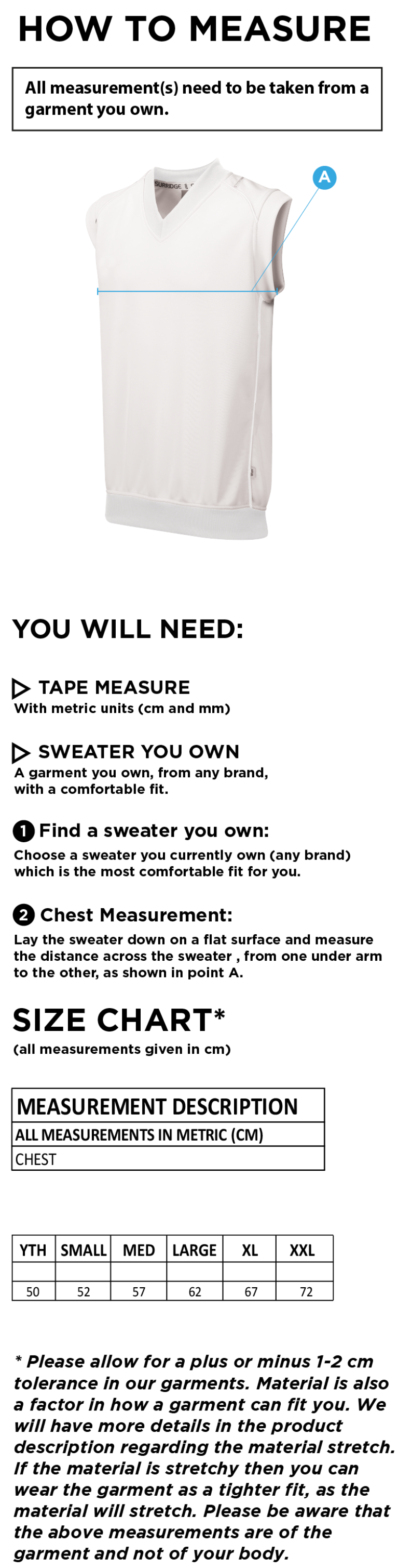 Staffield CC - Sleeveless Sweater - Size Guide