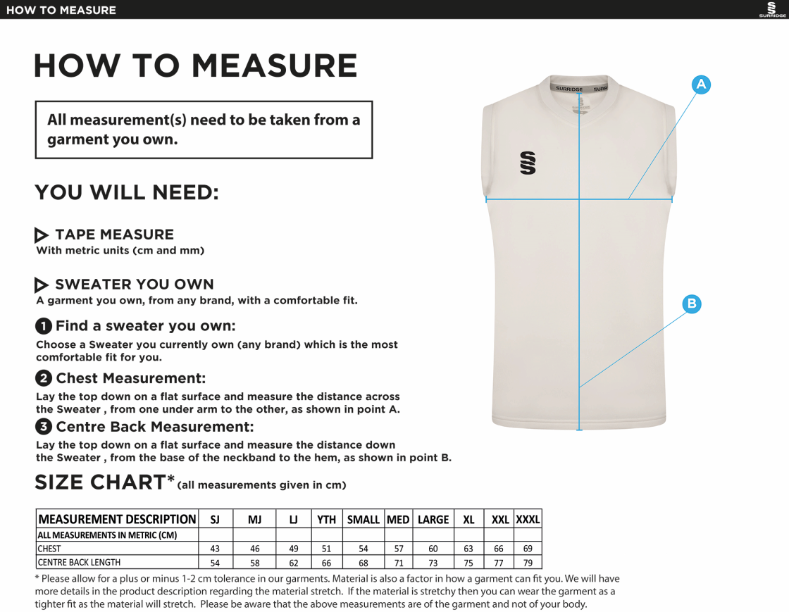 Staffield CC Blast Sleeveless Cricket Sweater - Size Guide