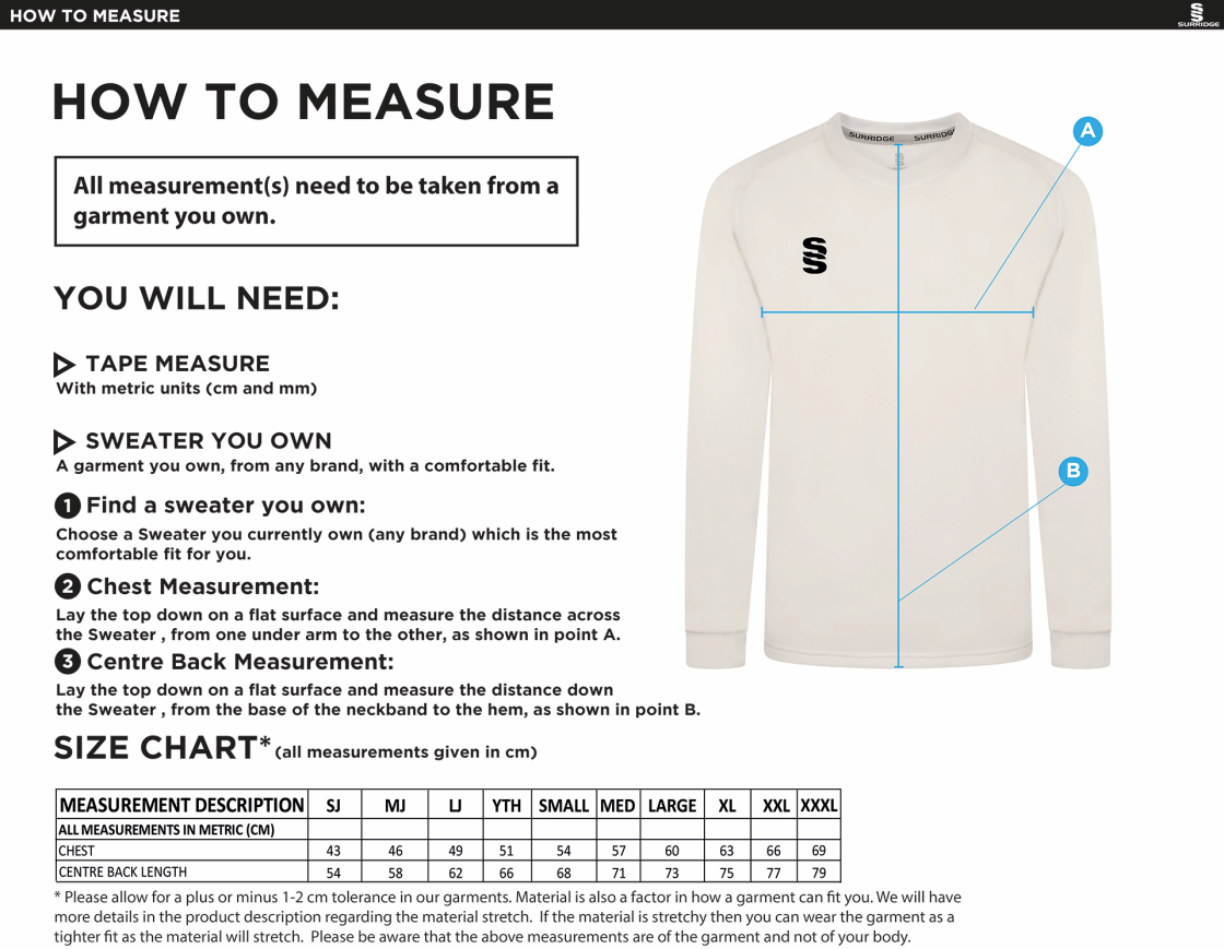 Staffield CC Blast Long Sleeve Cricket Sweater - Size Guide
