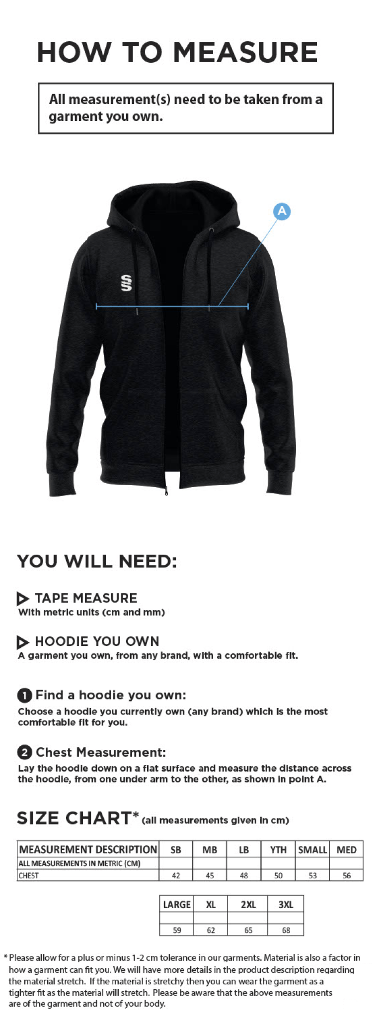 Staffield CC - Dual Full Zip Hoody - Size Guide