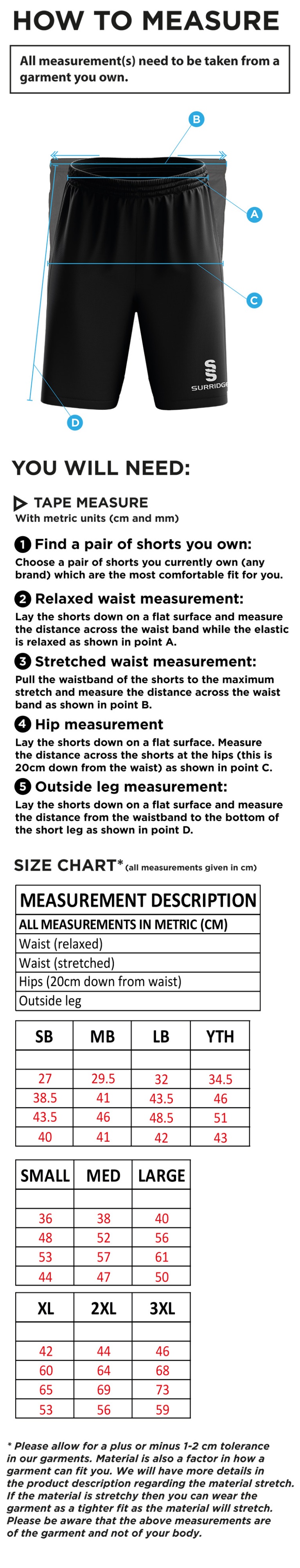 Staffield CC - Ripstop Training Shorts - Size Guide