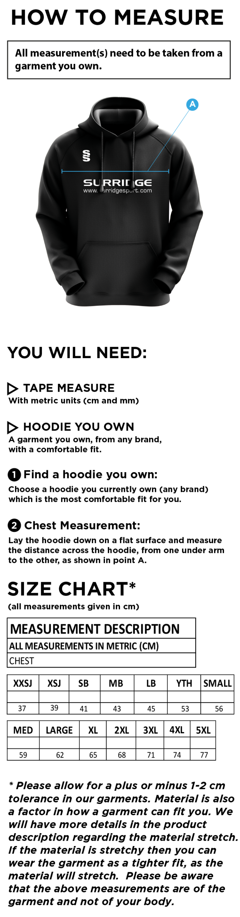 Staffield CC - Fuse Hoody - Size Guide