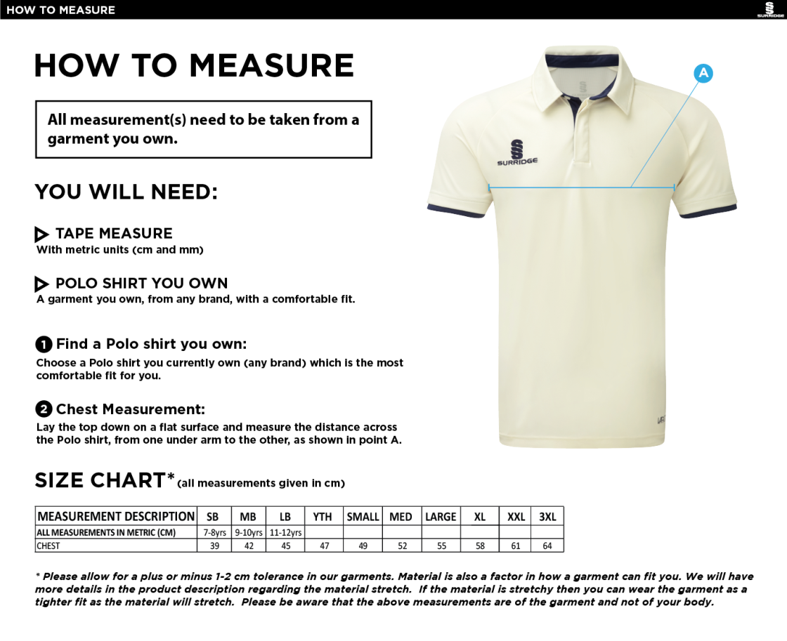 Staffield CC - Tek Short Sleeve Shirt - Size Guide