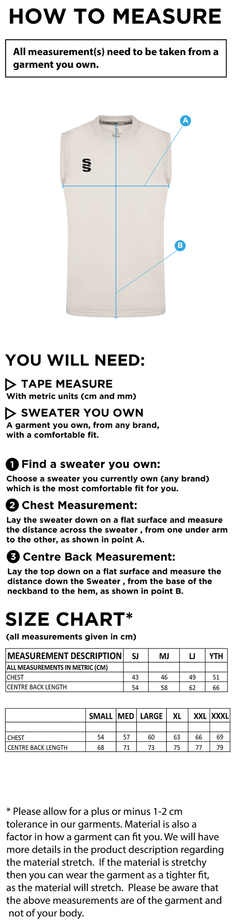 Staffield CC Blast Sleeveless Cricket Sweater - Size Guide