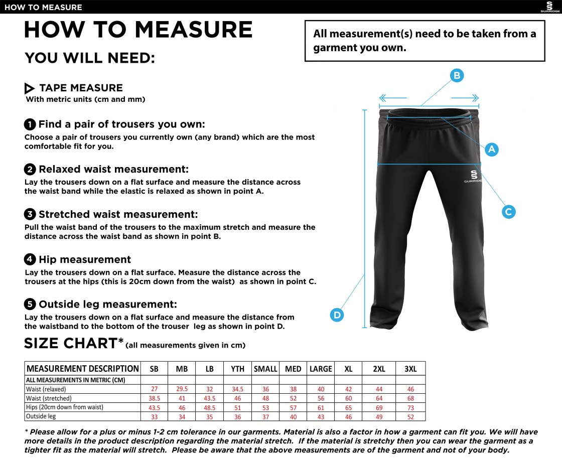 Staffield CC - Rip Stop Tracksuit Pants - Size Guide