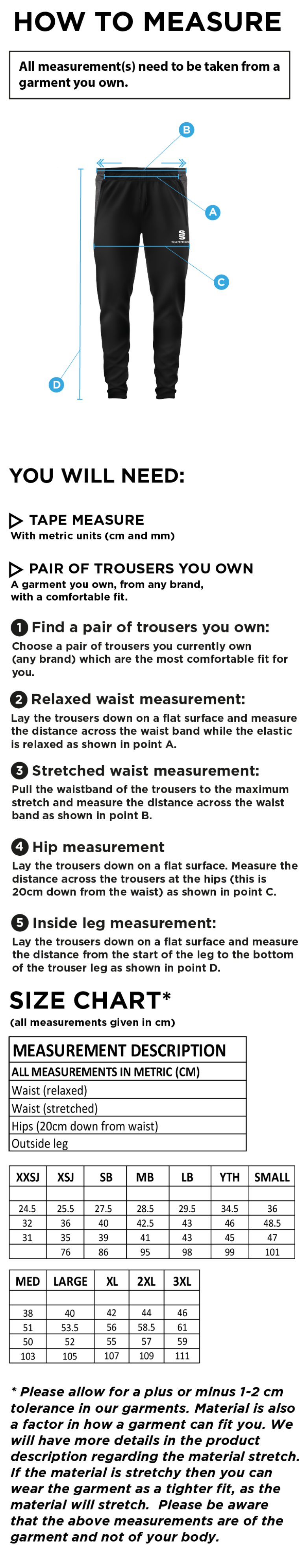 Staffield CC - Tek Skinny Pants - Size Guide