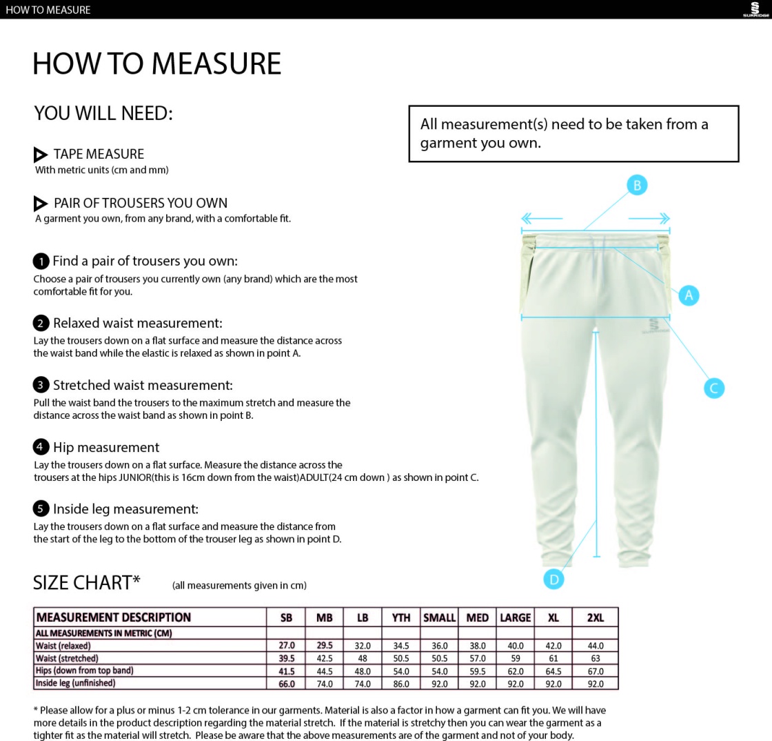 Staffield CC - Tek Playing Pant - Size Guide
