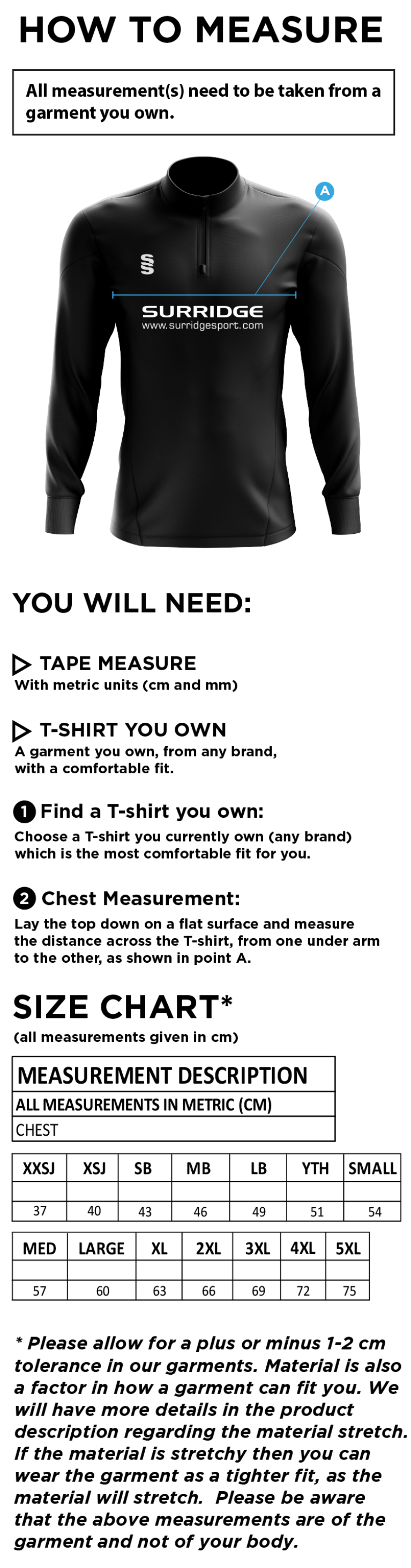 Staffield CC - Fuse Performance Top - Size Guide