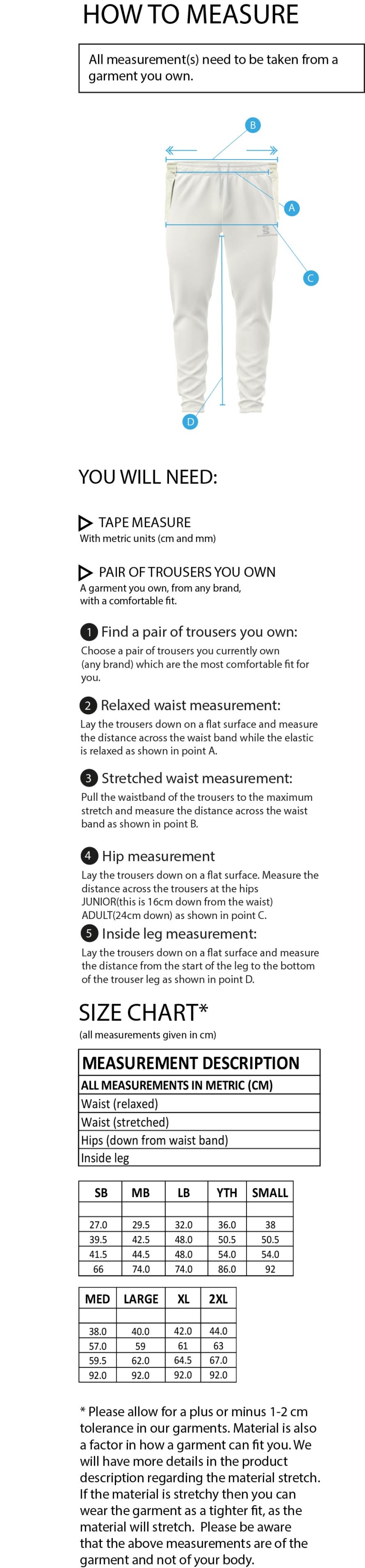 Staffield CC - Tek Playing Pant - Size Guide