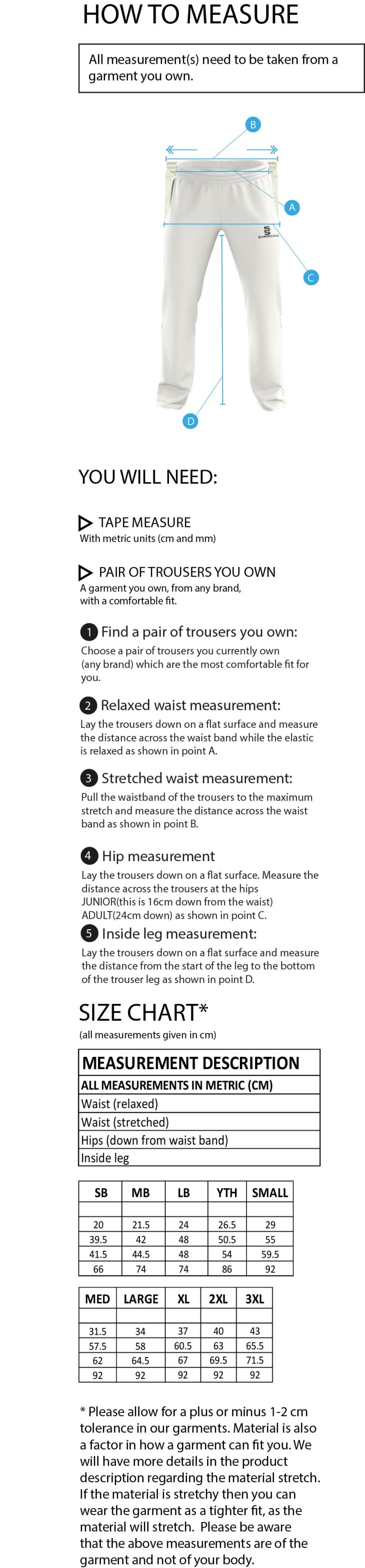 Staffield CC - Standard Playing Pant - Size Guide