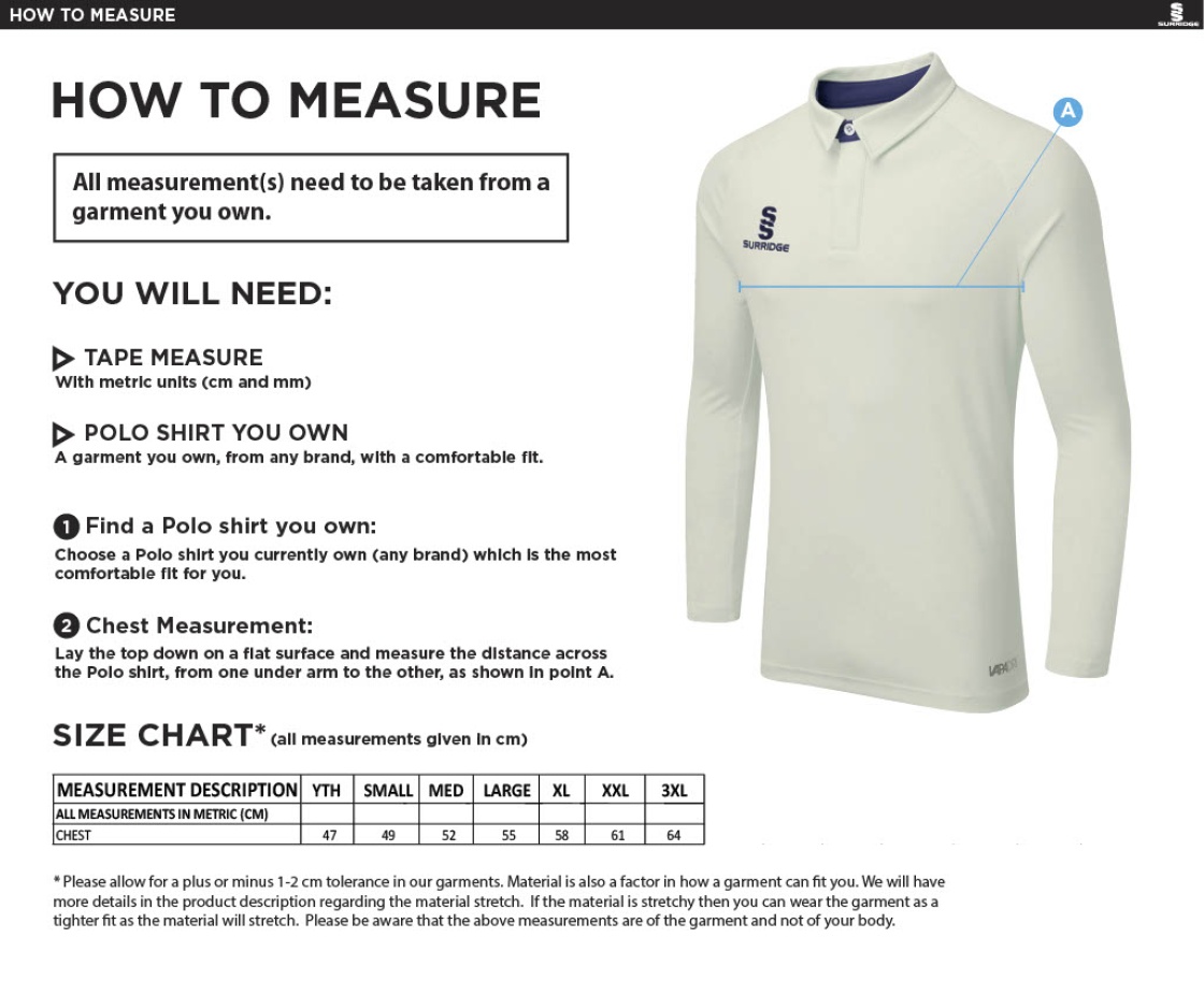 Staffield CC - Tek Long Sleeve Shirt - Size Guide